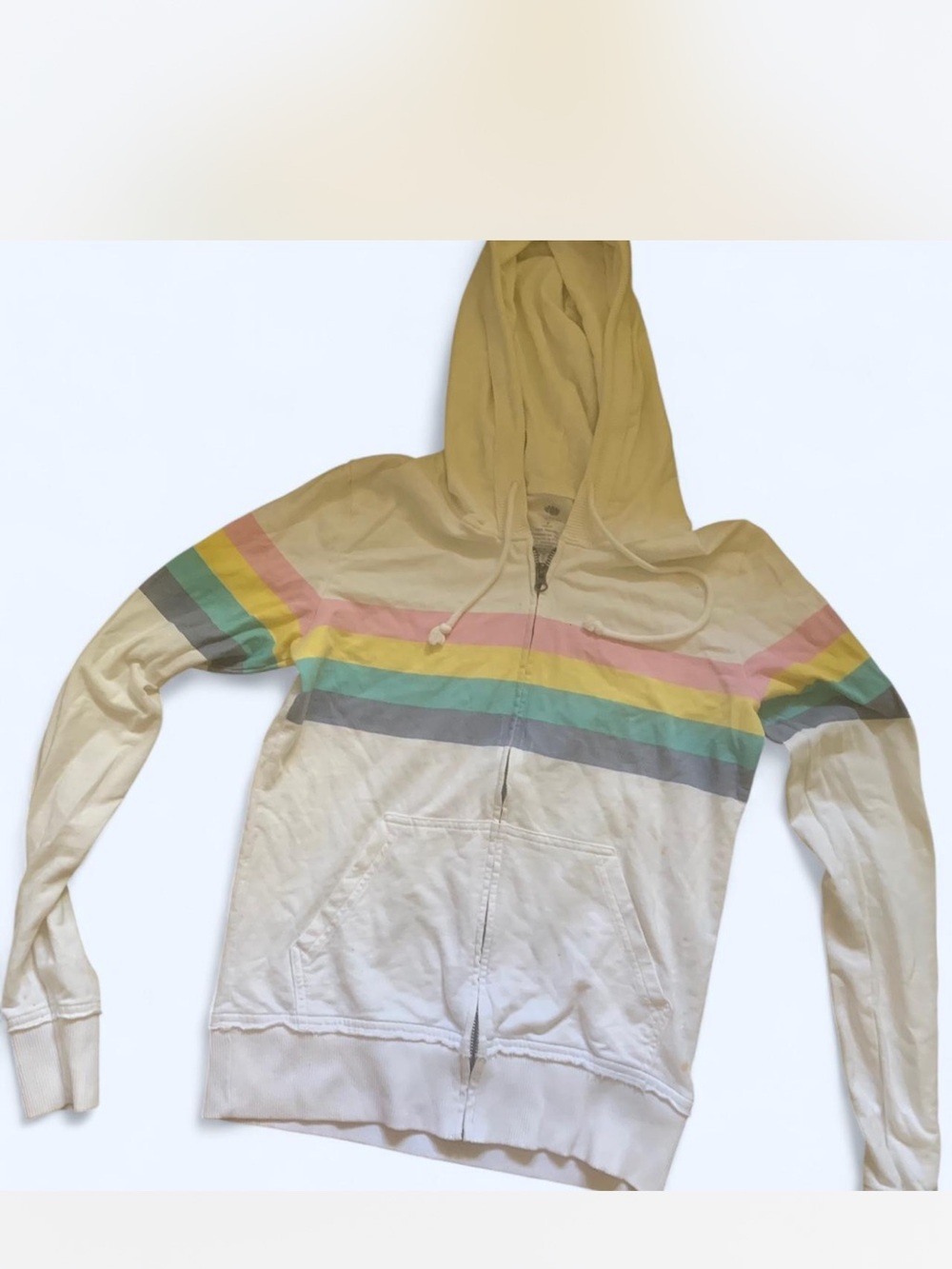 100% cotton y2k Woman Cream Zip Hoodie with Pastel Rainbow Stripes